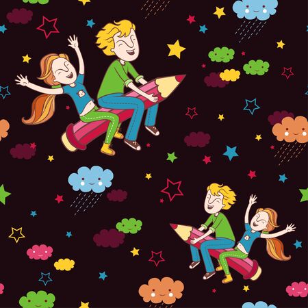 Back to school pattern. Background with children flying on a pencil.のイラスト素材