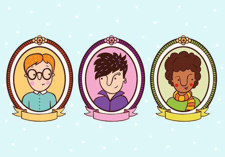 Portraits of children in the frame. Pupils, students, boys. Set of 3 cute cartoon teenagers.のイラスト素材
