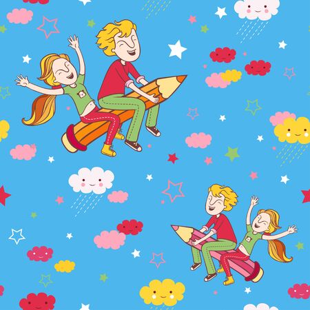 Back to school pattern. Background with children flying on a pencil.のイラスト素材