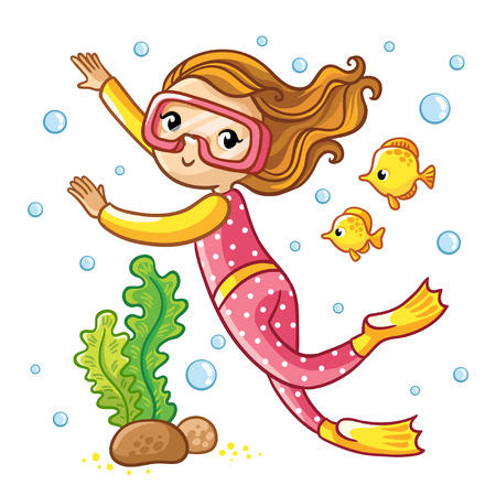 Scuba Diving. Girl swimming under water with fish.のイラスト素材