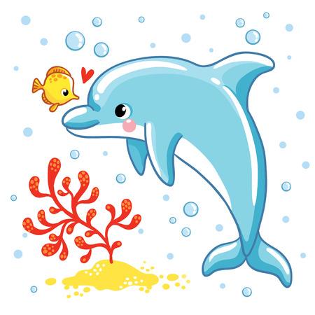 Cute cartoon dolphin. Love Dolphin on a white background. Vector illustration.のイラスト素材
