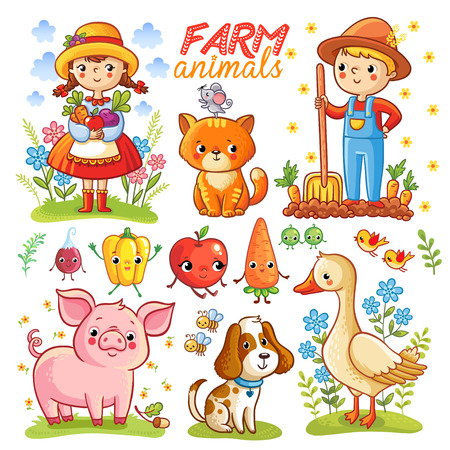Farm cartoon set with farm animals, vegetables and characters.のイラスト素材