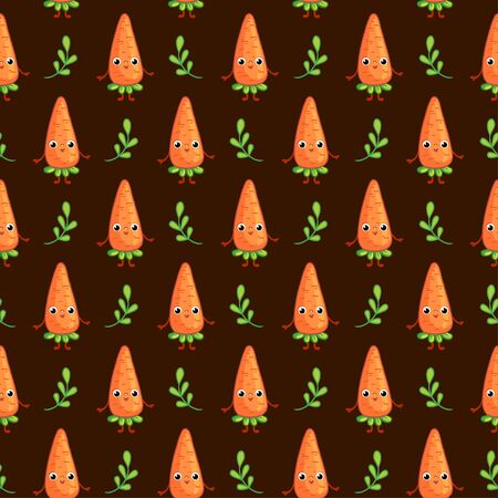 Vector seamless pattern with cute Carrots on dark background. Cartoon vegetable character Carrot.のイラスト素材