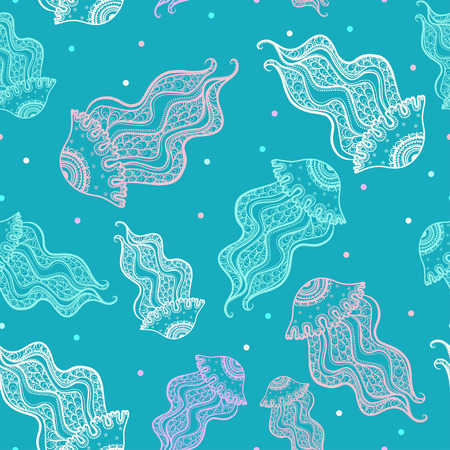 Seamless pattern with jellyfish. Color marine seamless pattern, endless texture of sea world. can be used for wallpaper, pattern fills, web page background,surface textures.のイラスト素材