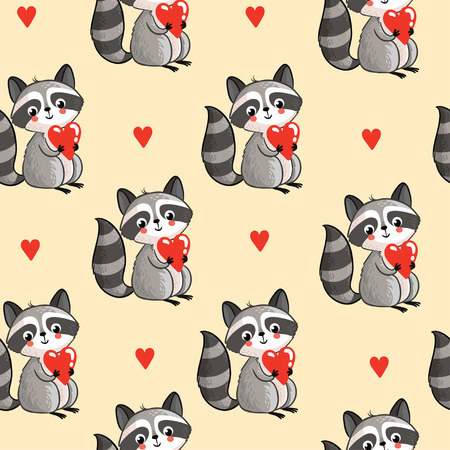 Vector seamless pattern with cute raccoon holding a heart in his hands on a white background. Cartoon raccoon in vector.のイラスト素材