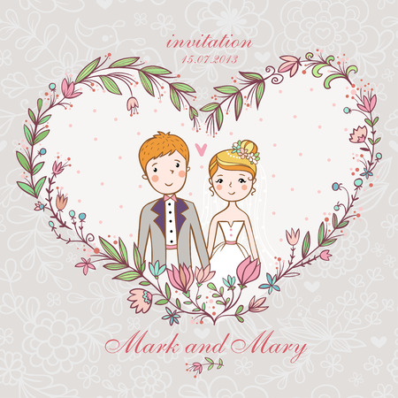 Cartoon concept marriage. Wedding invitation with bride and groom in a flower heart.のイラスト素材