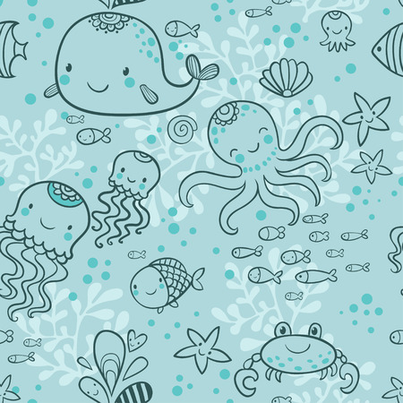 Cartoon marine seamless pattern for childish wallpapers. Whale, octopus, jellyfish, fish, crab, starfishe in cartoon background in vector.のイラスト素材