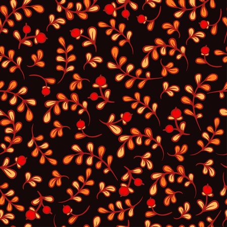 Lovely autumn background with cranberries, red berry. Retro colored seamless pattern.Nordic berries.のイラスト素材