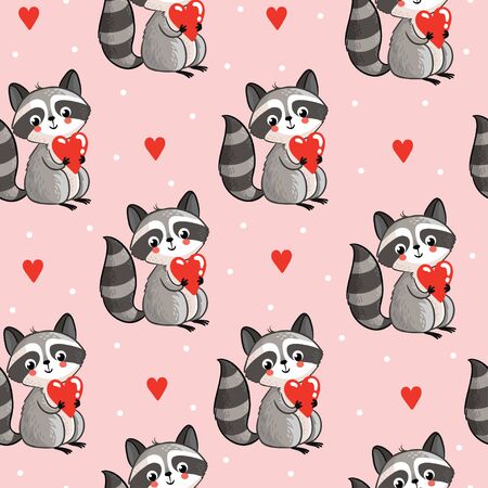 Vector seamless illustration with cute raccoon holding a heart in his hands on a pink background. Perfect for greeting cards for Valentine's Day.のイラスト素材