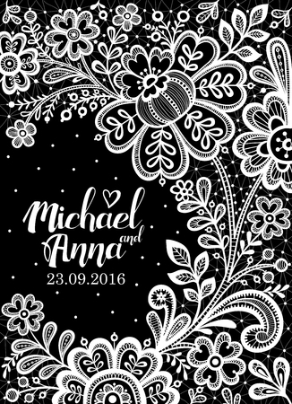 Black and White Lace. Floral Background Lace. Wedding invitation card. Vector greeting card.のイラスト素材