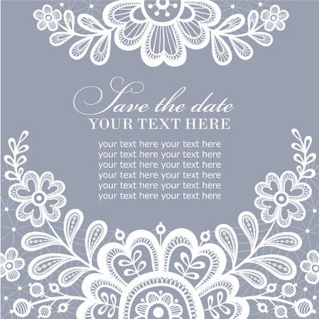 Elegant greeting card or wedding invitation with lace ornament. Lace background with a place for text. White lace vector design.のイラスト素材