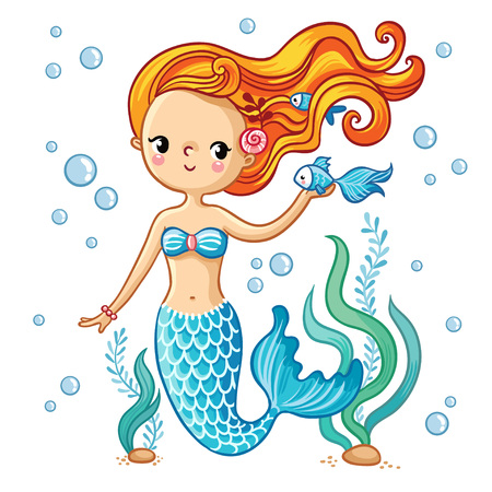 Sea collection, Mermaid. Cute swimming cartoon mermaid. Mermaid in vector illustration.