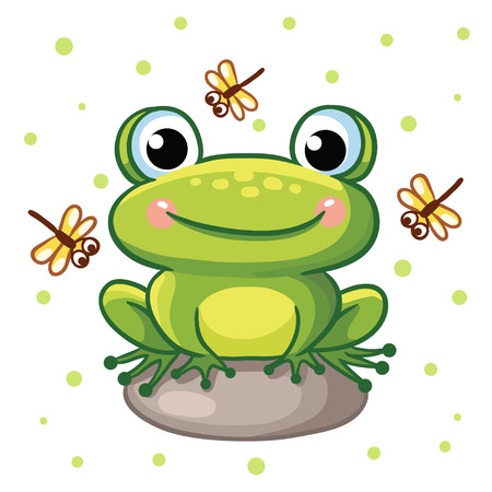 Vector illustration of a frog on a rock and crystals on a background of green peas. Cute frog sitting on a rock and smiling.のイラスト素材
