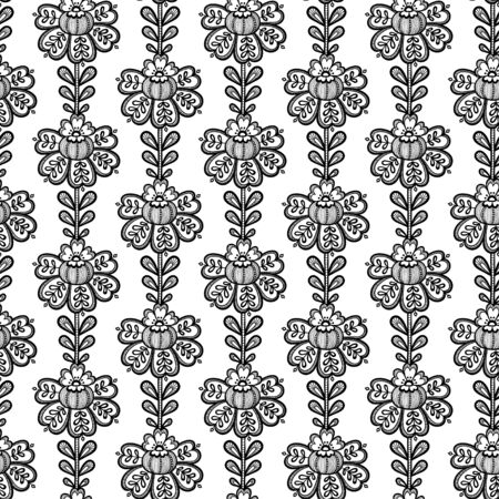 Lace seamless pattern with flowers. Black and white lace floral background.のイラスト素材