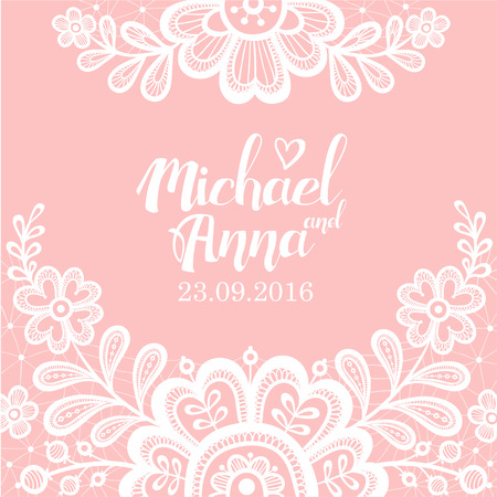 Greeting card with flower lace white on a pink background and place for your text. Vector illustration with beautiful lace flowers.のイラスト素材