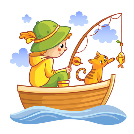 Fishing vector illustration. Boy in a boat fishing with cat. Cartoon Fisherman.のイラスト素材