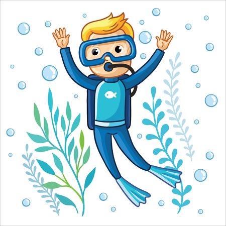 Young diver swims under water among seaweed and air bubbles on a white background. Cute vector illustration of a children's theme.のイラスト素材