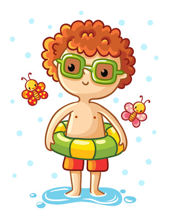 A cute little boy on the sea. Boy standing in a swimsuit with a rubber ring and around fly the multicolored butterflies. Vector illustration of a summer theme.のイラスト素材