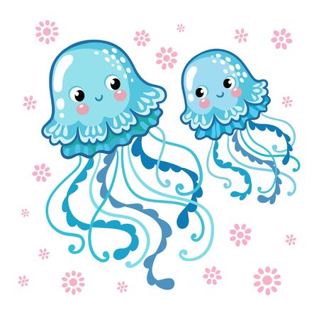 Couple smiling jellyfish floating in the sea. Vector illustration of jellyfishes on a background of pink flowers.のイラスト素材