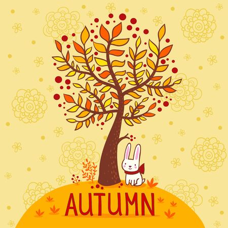 Seasonal background with tree and rabbit. Autumn card.のイラスト素材