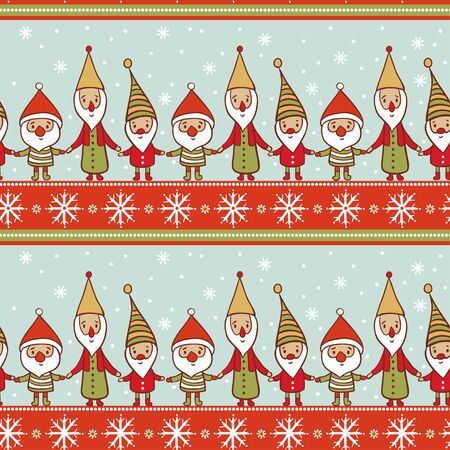 Seamless Christmas pattern with gnomes. Pattern with Christmas elves and snowflakes. Funny cartoon Merry Christmas background.のイラスト素材