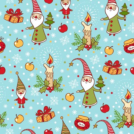 Bright holiday pattern with Santa Claus, gift, candle on blue background. Christmas and New Year background.のイラスト素材