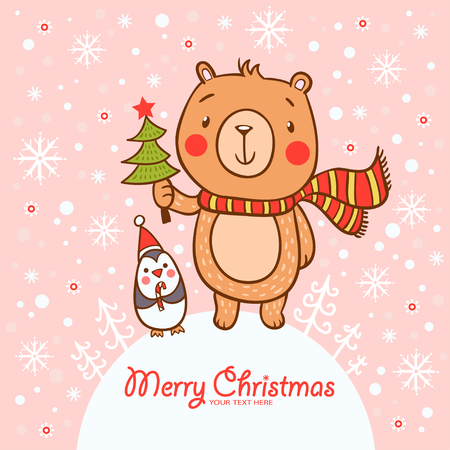 Stylish Christmas card in vector. Funny bear with penguin in cartoon style.のイラスト素材