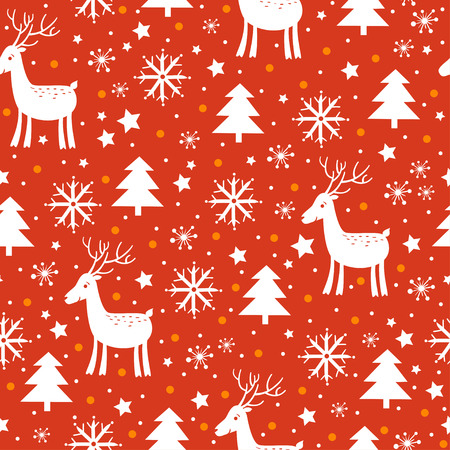 Christmas and New Year background with tree, deer and snowflakes in red colors.のイラスト素材