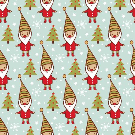 Childish vector seamless pattern. Christmas and New Year background with tree, gnome and snow.のイラスト素材