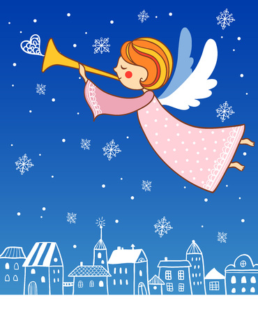 Childish Merry Christmas card with cartoon Fairy in the sky.のイラスト素材