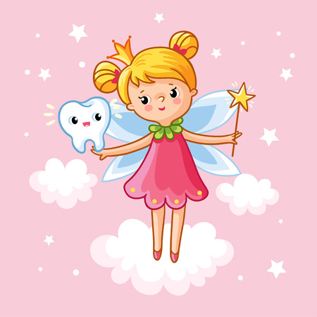 The little girl princess with a magic wand and tooth among the clouds on a pink background. Vector illustration on the theme of children. Tooth Fairy in the clouds. Magic.のイラスト素材