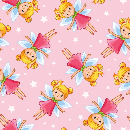 Vector seamless illustration of a young cute little fairy. Wallpaper fairy on a pink background with stars.のイラスト素材