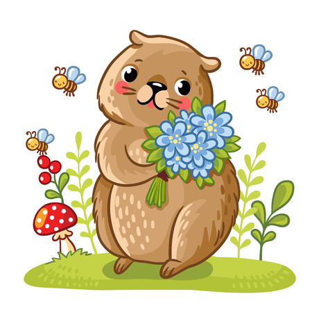 Vector illustration of a gopher and bees. Gopher in a meadow with flowers in their hands. Cute rodent near the fly agaric.のイラスト素材