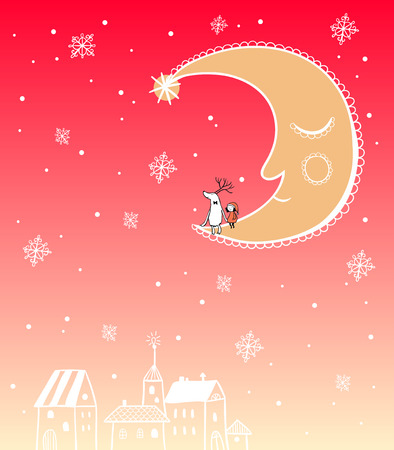 Christmas card. Christmas Background. A Girl and a Deer sitting on the Moon.のイラスト素材