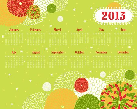 Vector calendar. Illustration with multi-colored flowers on a green background.のイラスト素材