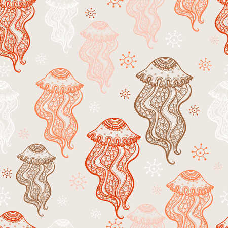 Seamless pattern with jellyfish. Color marine seamless pattern, endless texture of sea world. can be used for wallpaper, pattern fills, web page background,surface textures.のイラスト素材