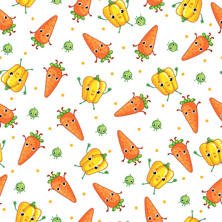 Vector seamless pattern with cute vegeables. Cartoon vegetable character. Vegetables carrot, pepper, peasのイラスト素材