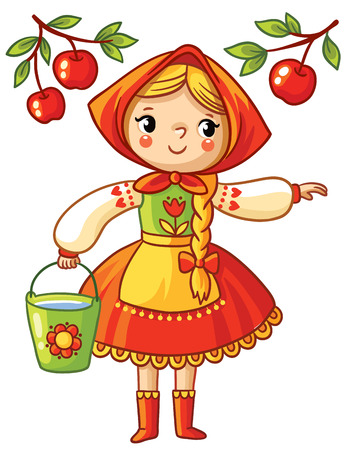 Girl collects apples in a bucket. Vector illustration in cartoon style. Cute folk girl with a scythe in beautiful colors dress.のイラスト素材
