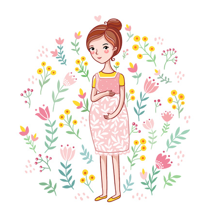 A young pregnant woman on a floral background. Future mother among on a white backgroundのイラスト素材