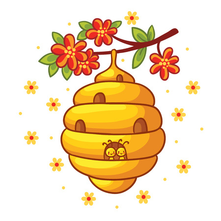 Beehive weighs on a branch with flowers. Vector illustration in cartoon style. Childrens picture with the bees.のイラスト素材
