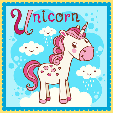 Illustrated alphabet letter U and unicorn. Vector picture with cartoon animals.のイラスト素材