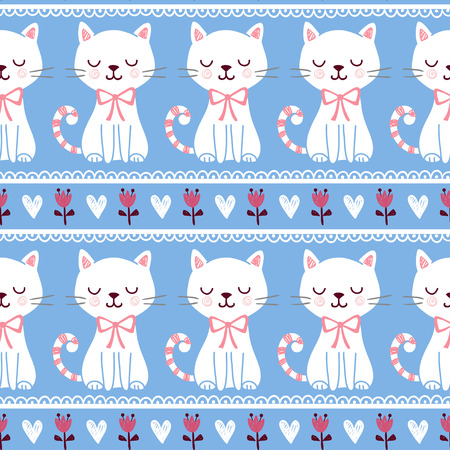 Cute vector illustration of seamless with cats who squinted. The pattern of the animals and flowers. The picture with the cats on a blue background.のイラスト素材
