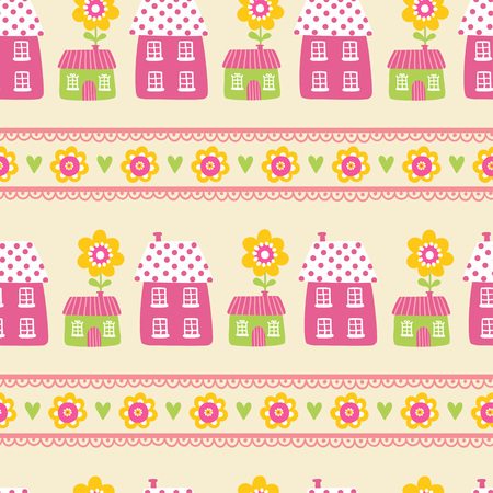 Vector seamless illustration of houses on a yellow background. The pattern of the houses. Wallpaper in a cartoon style with flowers and houses.のイラスト素材
