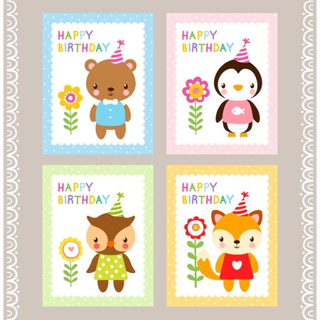 Holiday stamps with animals. Cards with animals in cartoon style. Vector illustration of children s wildlife. A set of pictures. Birthday card.のイラスト素材