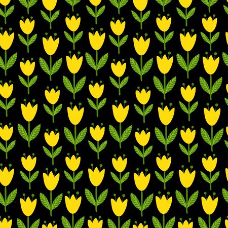 Vector illustration seamless with yellow tulips on a black background. Flower patern.のイラスト素材