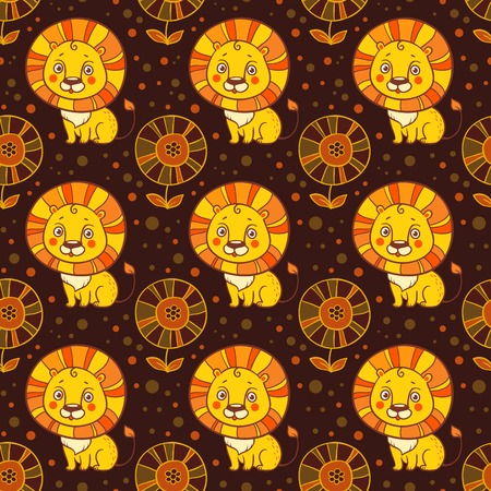 Funny seamless vector pattern with lions and flowers.のイラスト素材