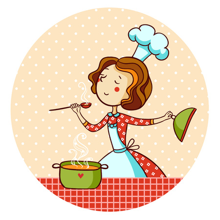 Woman in kitchen. Cook. Vector illustration. A woman prepares food.のイラスト素材