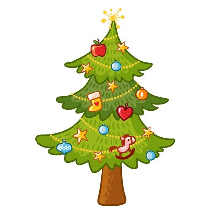 Beautiful Christmas tree on a white background. Vector tree isolation. Elegant New Year tree with toys in the childrens style.のイラスト素材