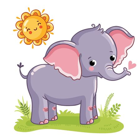 Elephant stands on the sunny meadow. Vector illustration on the theme of children. Cute animal.のイラスト素材