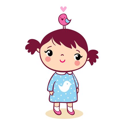 Cute girl with bird on head cartoon illustration.のイラスト素材